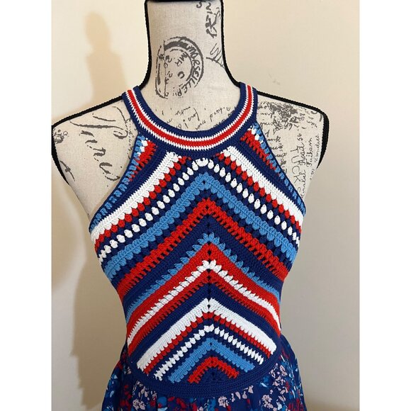 Parker Waverly Knit Crochet Dress Floral Red White Blue Halter Mini Ruffle 0 - Picture 2 of 10